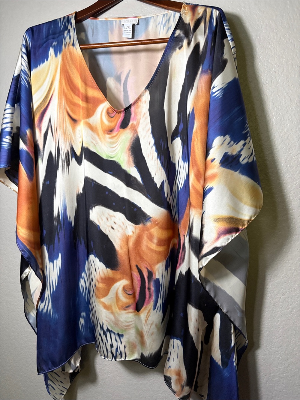 Vintage Chico's Blue, Orange & Black Abstract V-Neck Poncho Top